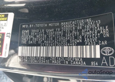 2013 Toyota Corolla Le z USA, uszkodzony, nr VIN 2T1BU4EE3DC064487